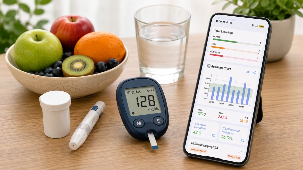 Blood glucose meter and smartphone showing blood sugar readings and trends