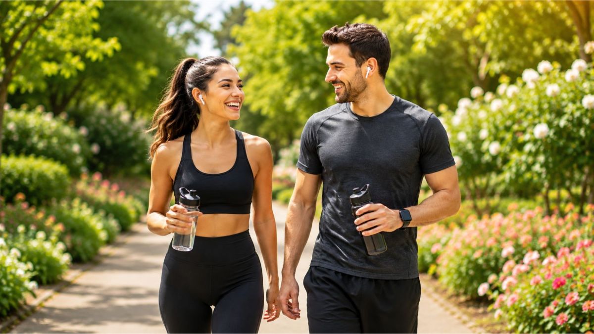 A couple walking together in a garden