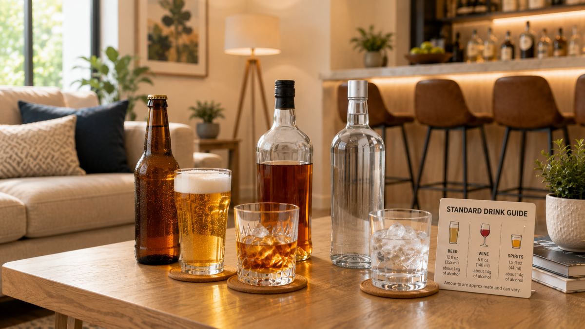 Beer, whiskey and vodka on a living room table with a standard drink guide
