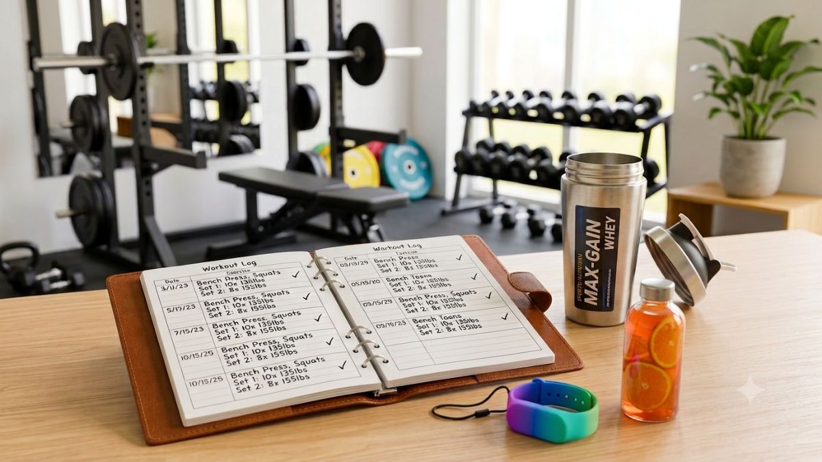 A workout log and fitness accessories sit on a table in front of a home gym