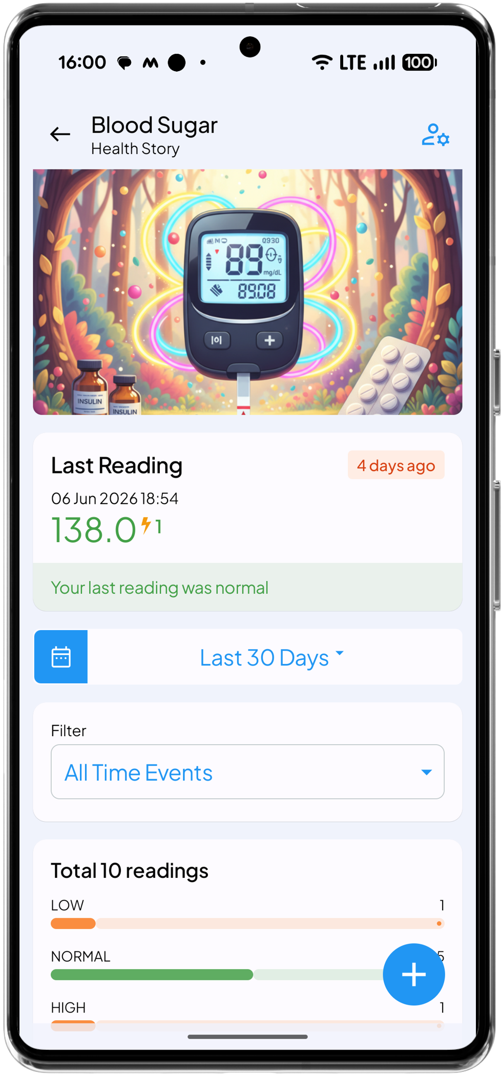 Health Story Blood Sugar Log showing last blood sugar reading and last 30 days summary