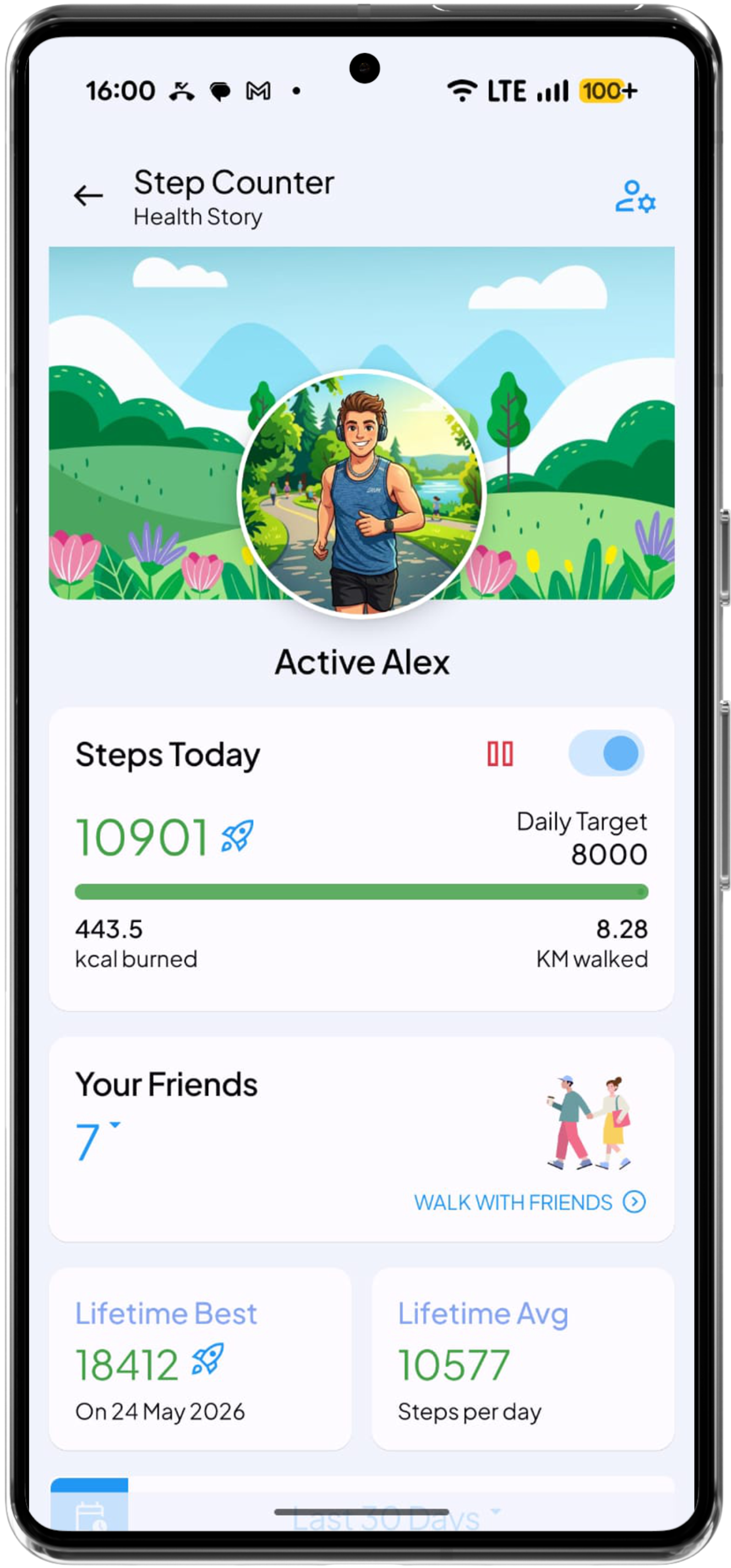 Health Story Step Counter showing daily step count, distance walked, calories burned, and progress toward 		daily step goal
