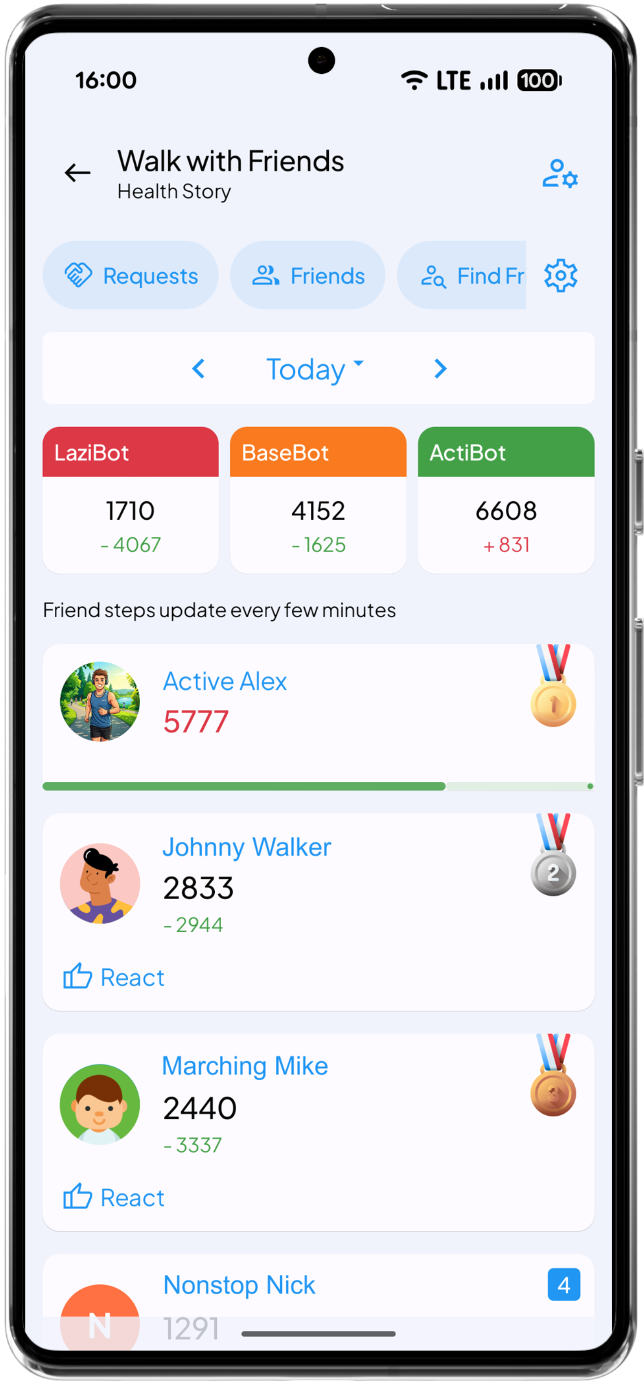 Health Story social features allowing users to add friends, view their step counts, and send reaction 			emojis